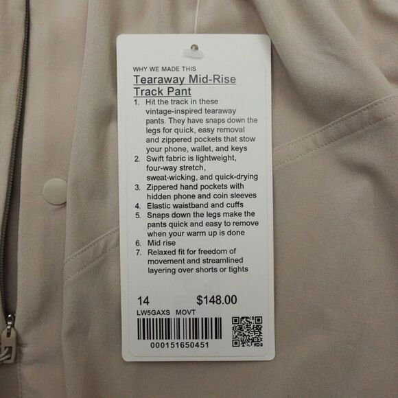 New Lululemon Size 14 Tearaway Mid Rise Track Pant MOVT Mojave Tan $148 - Picture 9 of 9